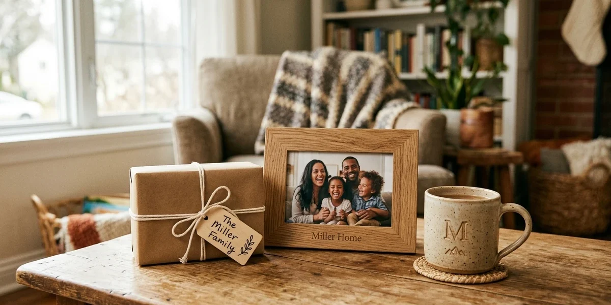 A simple collection of thoughtfully arranged personalized family gift ideas in a warm home setting