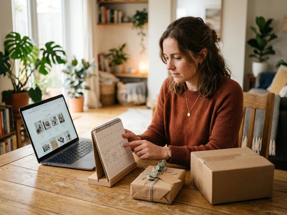 Shopper checking gift order timing with a calendar before checkout.