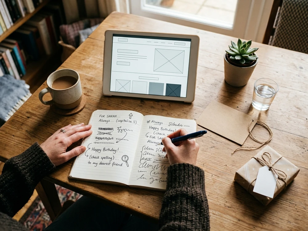 Person reviewing grandmother gift wording and spelling before ordering
