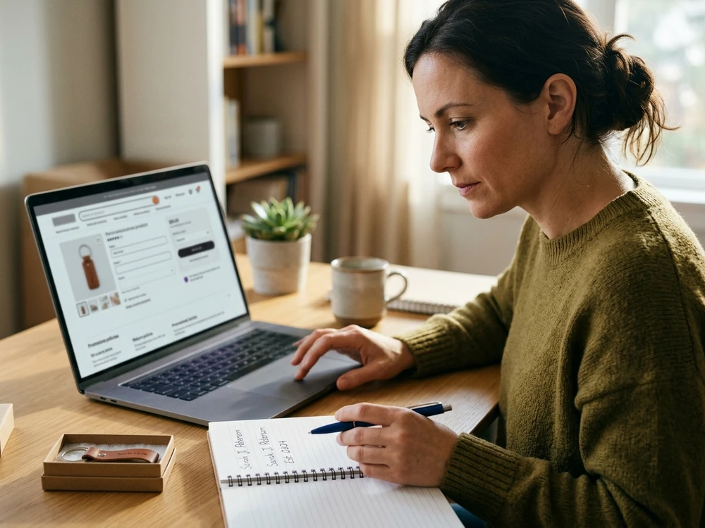 Person checking a personalized gift name and date before placing an order