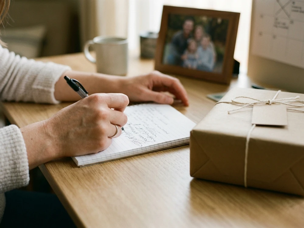 Hands reviewing personalization details beside a wrapped family gift before ordering.