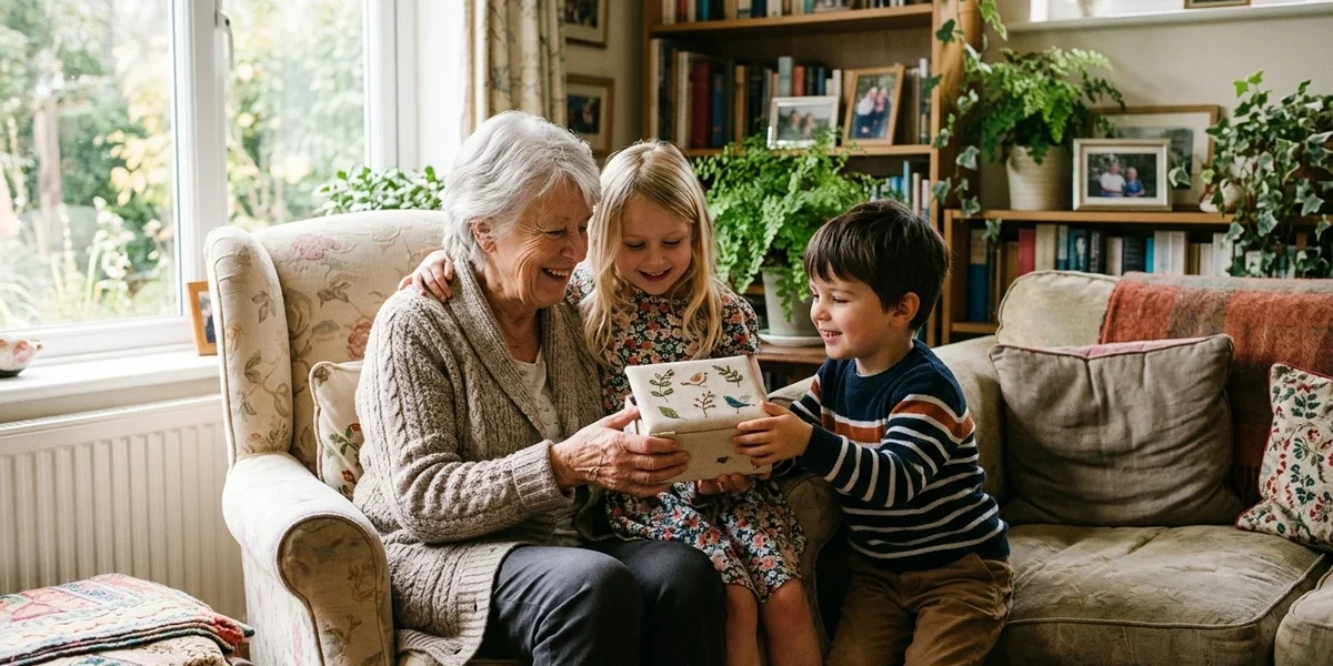 Grandmother sharing a personalized keepsake with her grandchildren at home