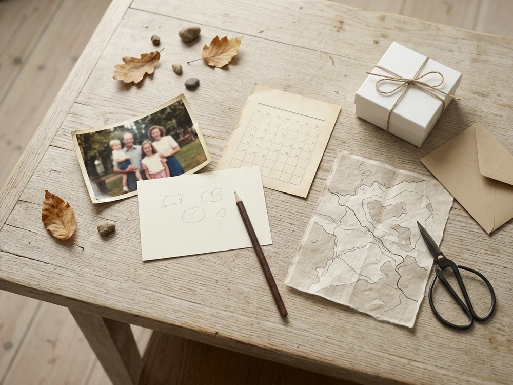 Family photos and keepsake details arranged while planning a personalized gift for Grandpa