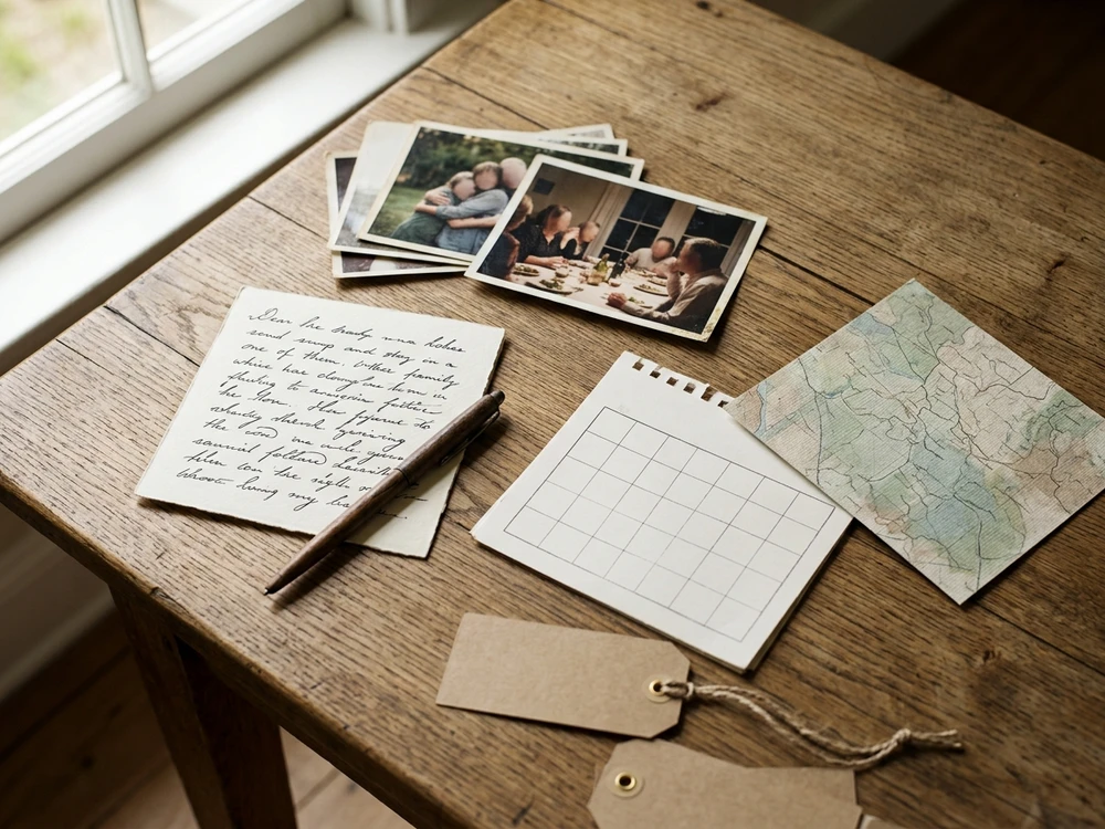 Family photos and keepsake details representing names, memories, dates and messages