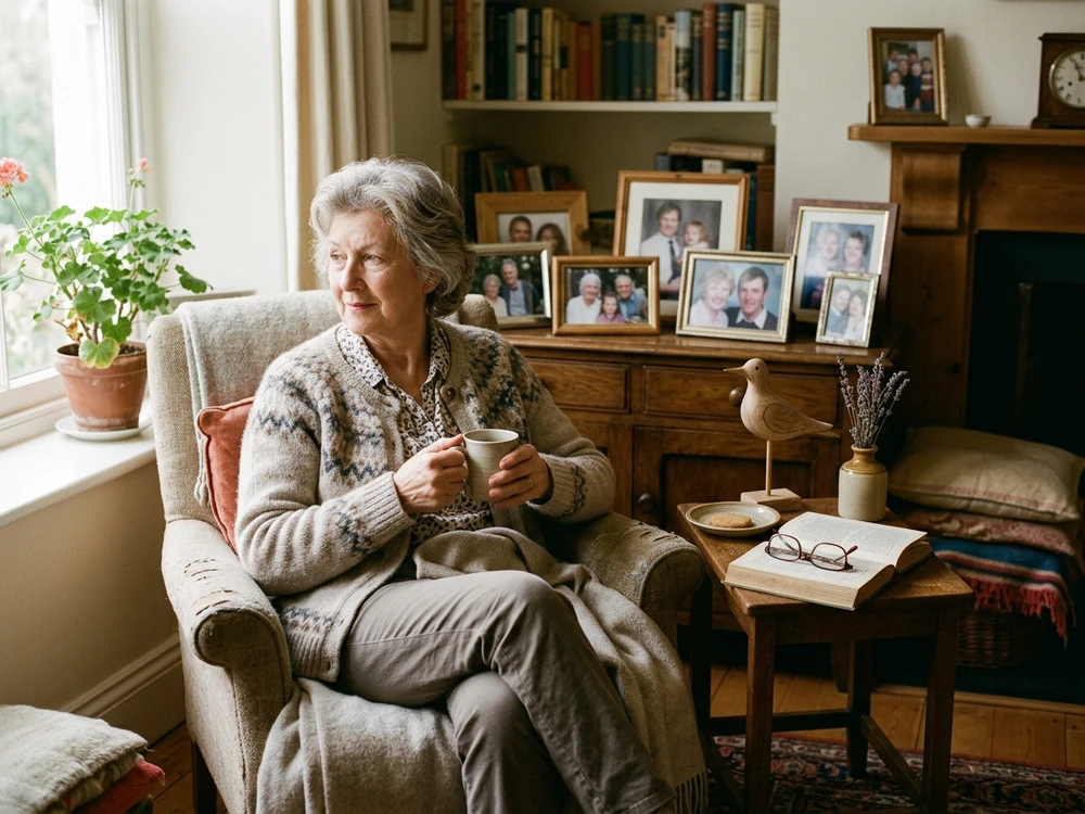 Grandma at home with everyday belongings and family keepsakes that reflect her routines and display preferences