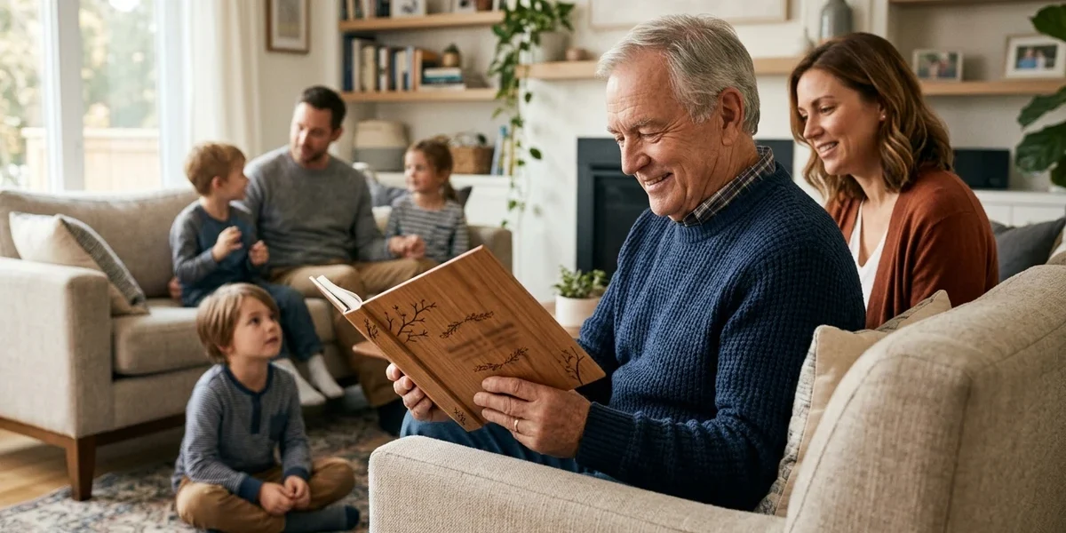 Grandpa holding a personalized family gift surrounded by family at home