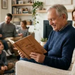 Grandpa holding a personalized family gift surrounded by family at home