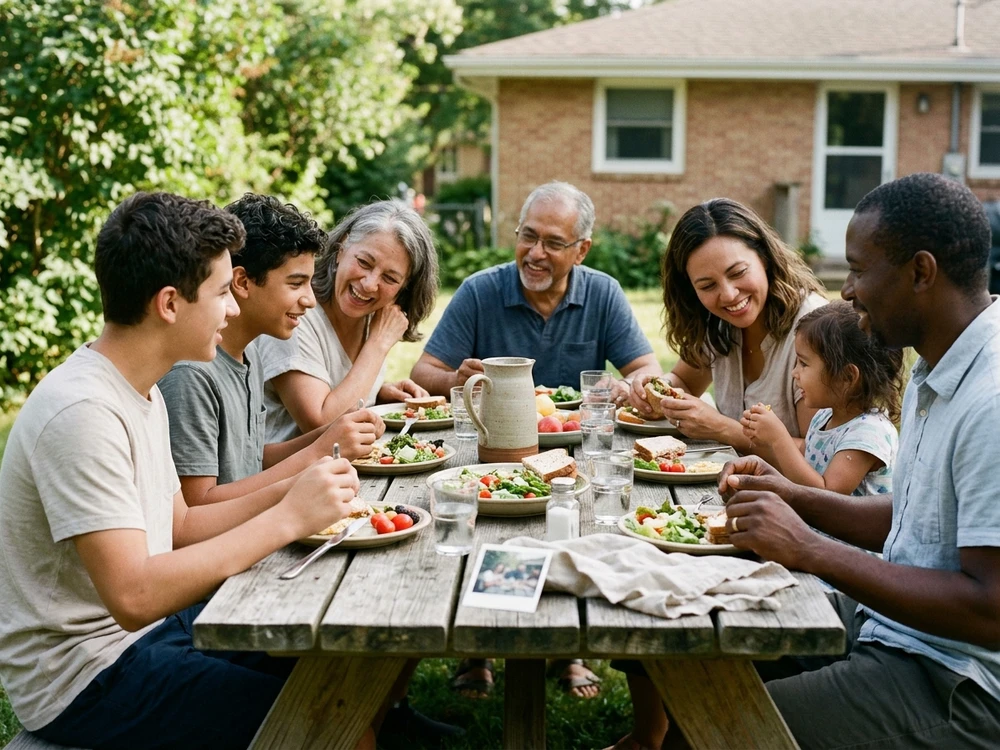 Family sharing a meal together with a small keepsake marking the experience