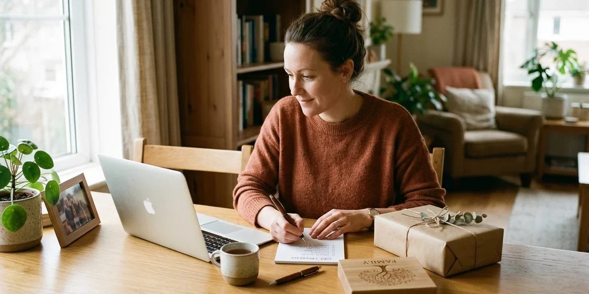 Person reviewing a personalized family gift order and checklist before checkout