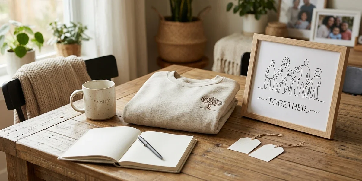 Mug, sweatshirt and family wall art arranged for comparing family gift options