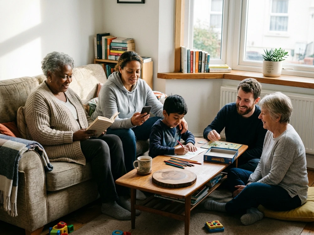 Family relaxing at home with a meaningful keepsake naturally included in everyday life