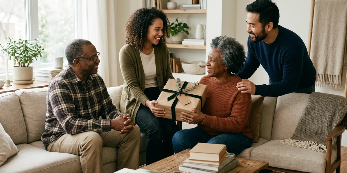 Adult children giving a meaningful family gift to their parents at home