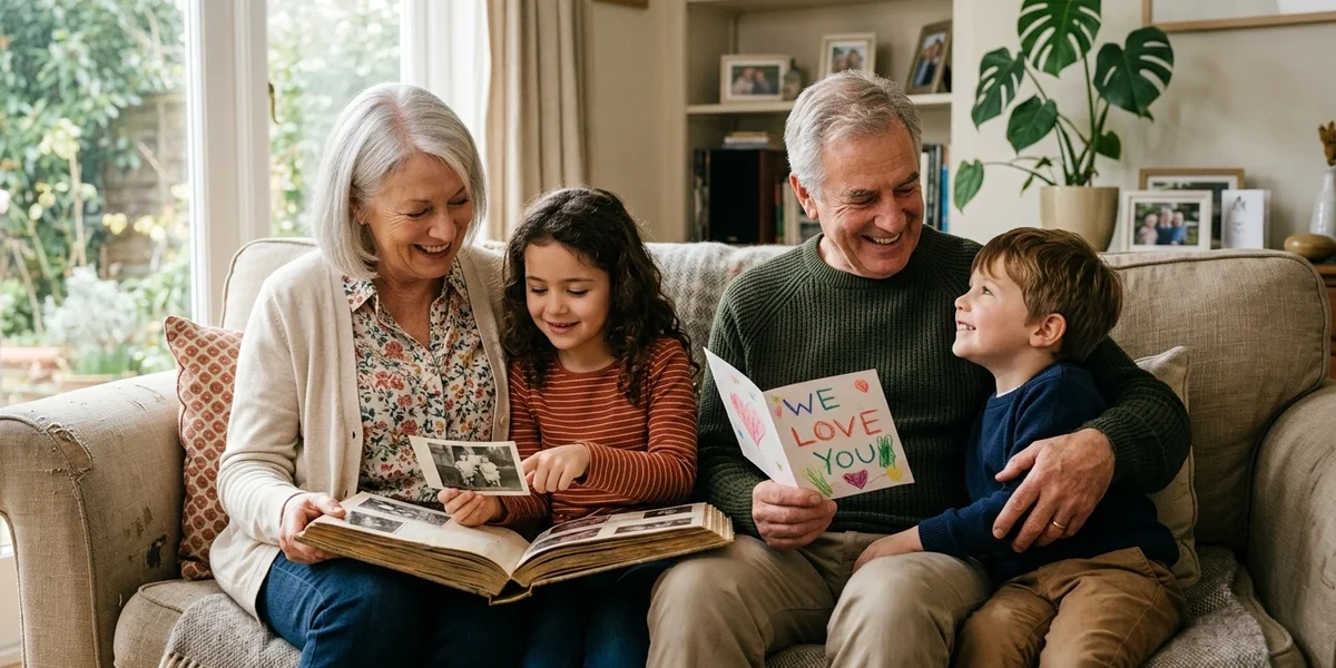 Grandparents sharing family photos and a handmade card with their grandchildren