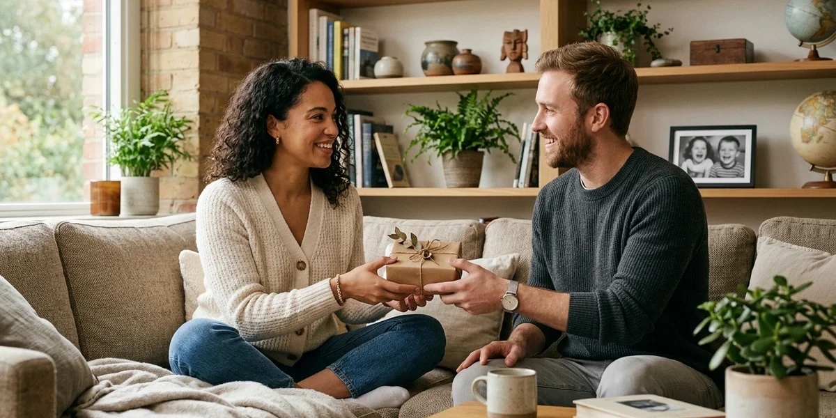 Adult siblings sharing a thoughtful gift together at home