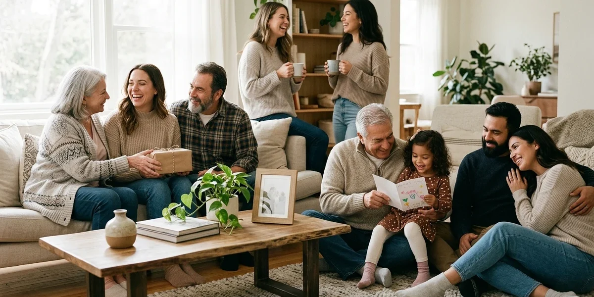 Family members across generations spending time together while sharing a thoughtful gift moment