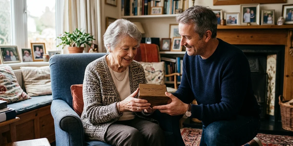 Adult family member sharing a personalized keepsake with an older relative at home