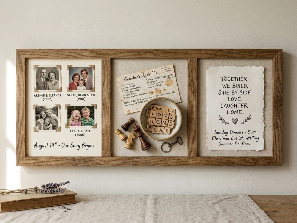 Three visual directions for family gift meaning: memories, everyday life and shared traditions.