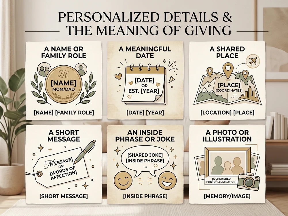 Examples of personal details such as names, dates, places, messages and photos used to express family meaning