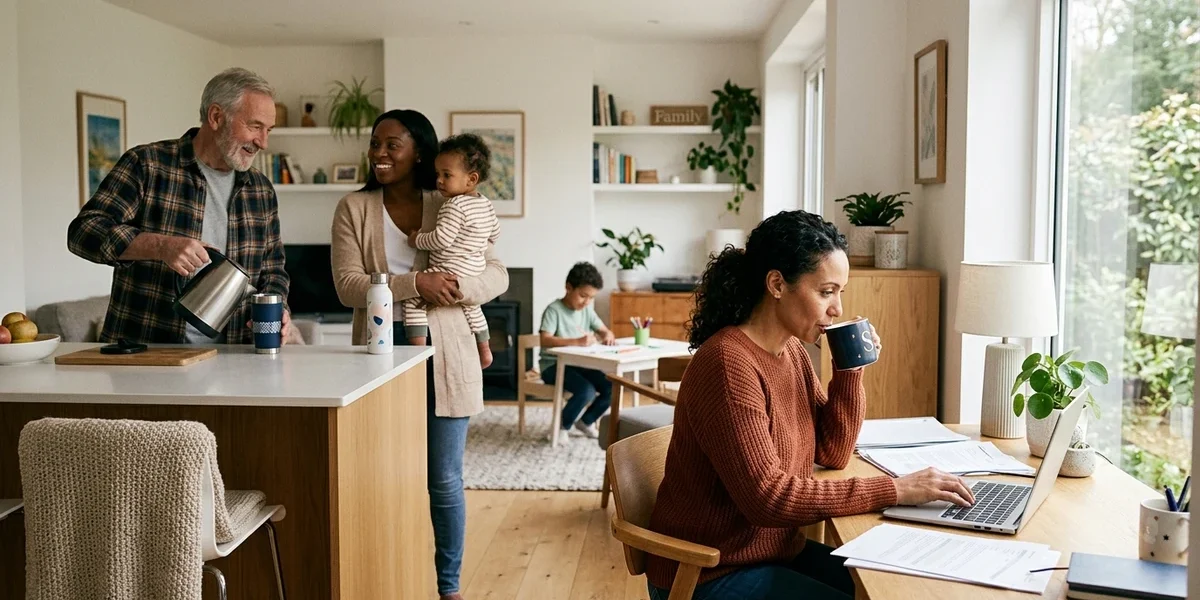 Family members using personalized gifts during everyday home and work routines