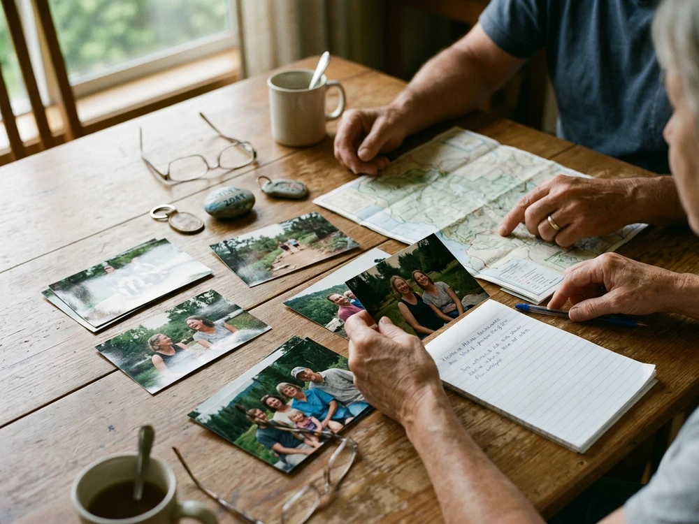 Family members looking through photographs and small mementos from a shared experience