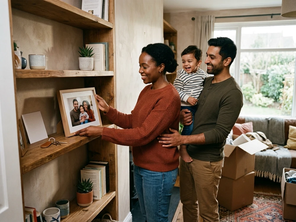 Family members settling into a home with a photograph, house keys and a calendar marking a new chapter