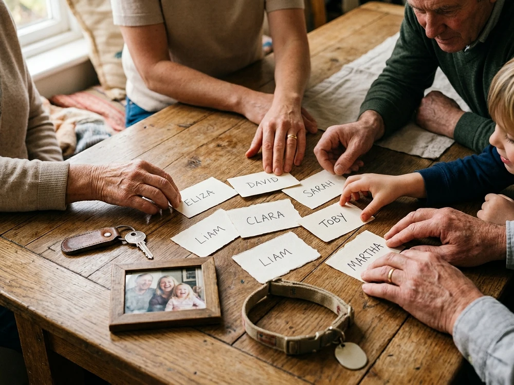 Family members arranging handwritten name cards together on a table