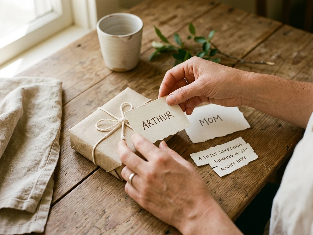 Handwritten family names and a short phrase arranged beside a simple wrapped gift