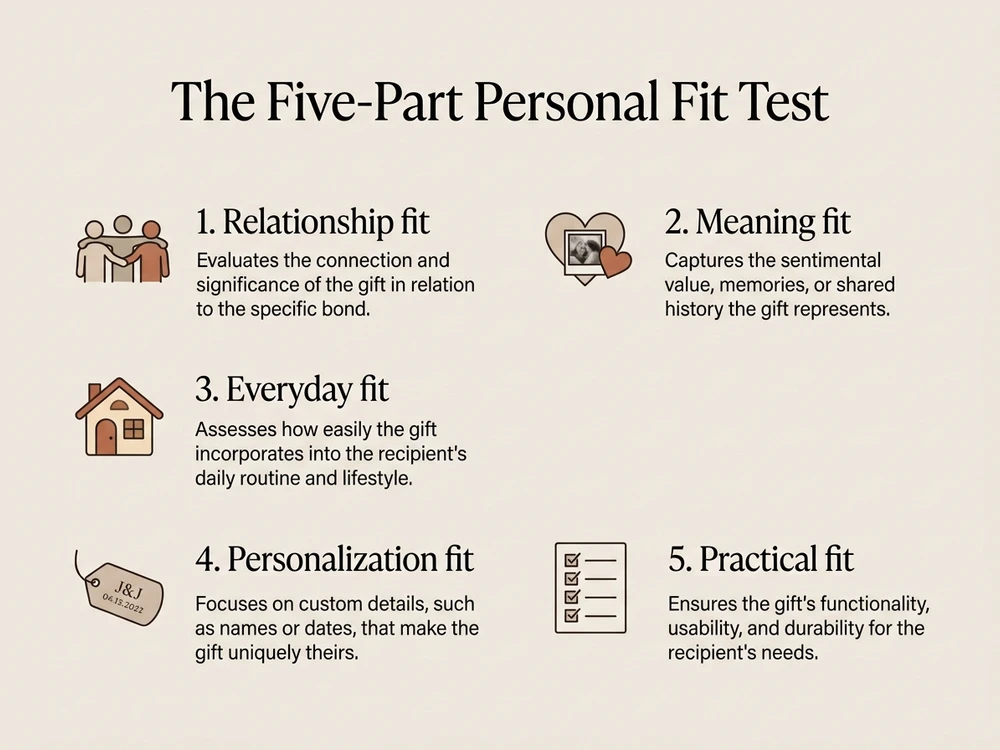 Five-part family gift test covering relationship, meaning, everyday use, personalization and practical fit