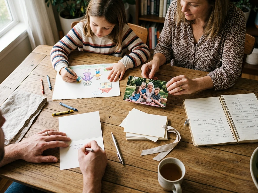 Grandchildren gathering a drawing, family photo and message ideas for a personalized gift for Grandma