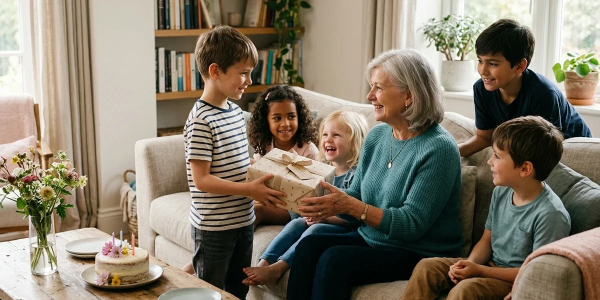 Grandma celebrating her birthday with grandchildren while receiving a thoughtful personalized gift
