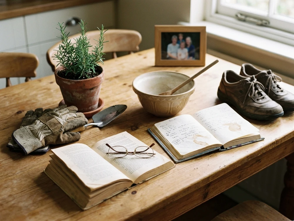 Books, gardening, baking and family memories representing Grandma’s interests and routines