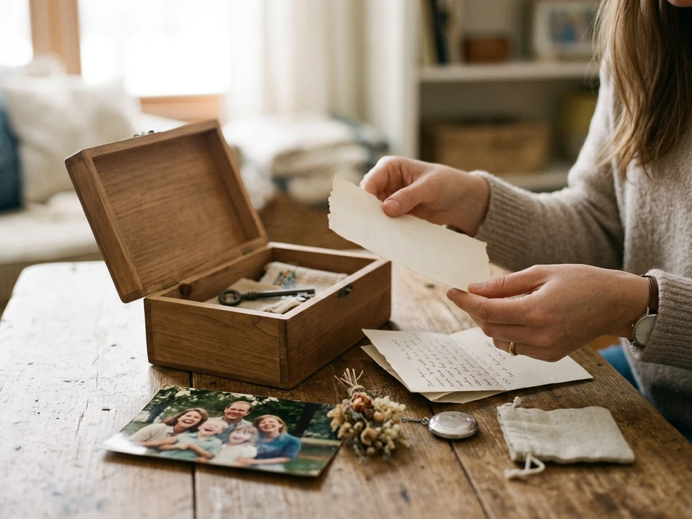 Family photos and keepsake details being considered for a personalized Grandma gift