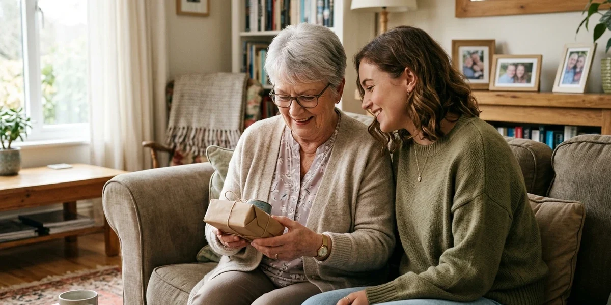 Grandmother and adult grandchild sharing a thoughtful gift moment at home