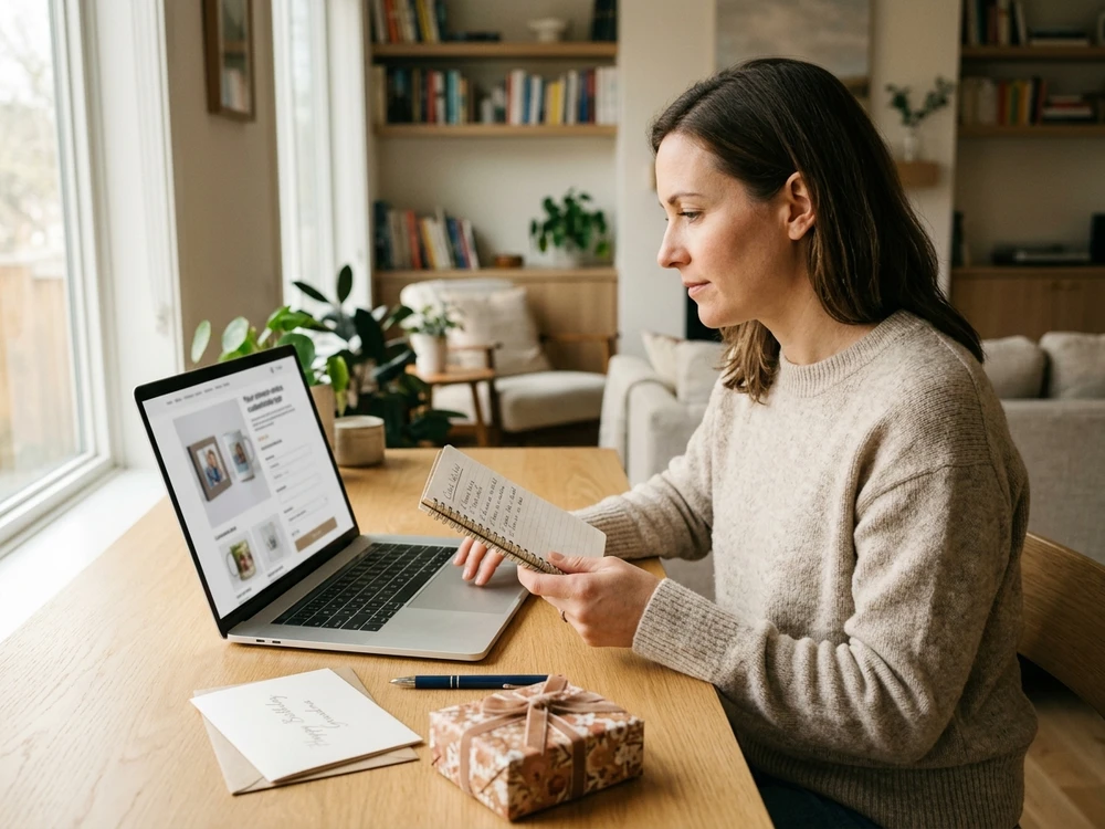 Shopper checking personalization and order details before buying Grandma’s birthday gift
