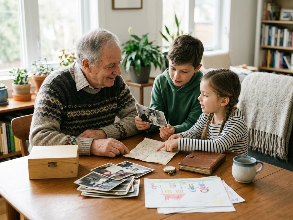Grandfather and grandchildren looking through family memories together