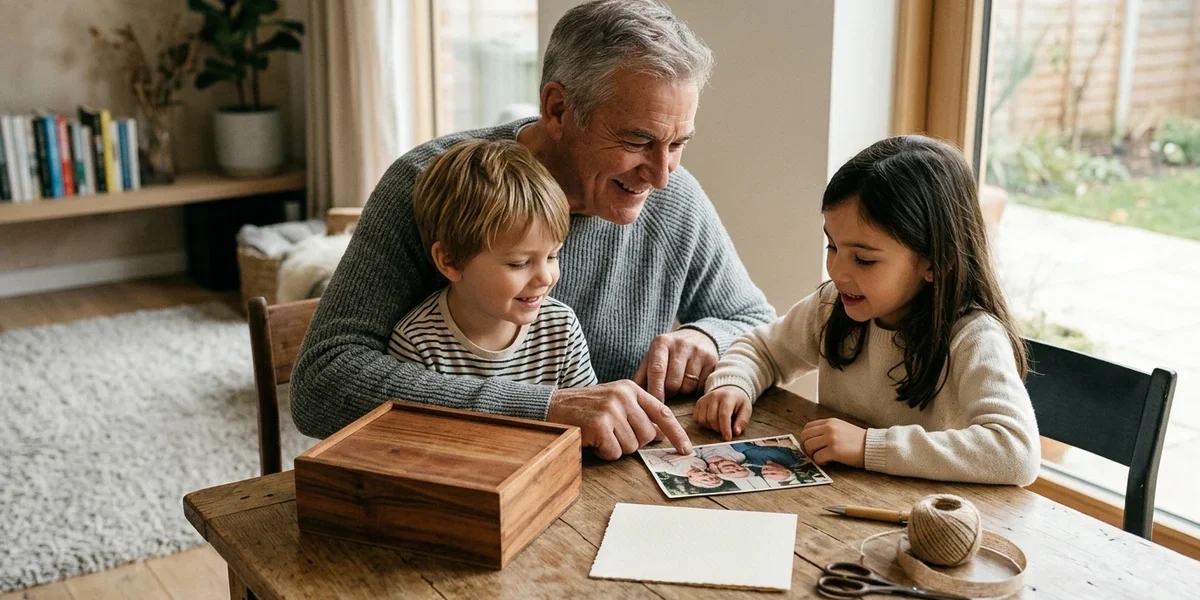 Grandfather spending time with grandchildren while considering a meaningful family gift