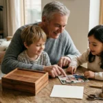 Grandfather spending time with grandchildren while considering a meaningful family gift