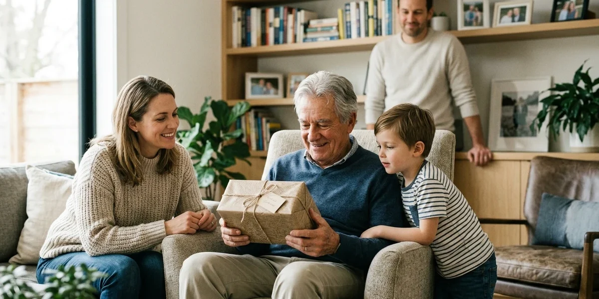 Family giving a personalized gift to a grandfather, reflecting the choice of a familiar family title
