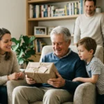 Family giving a personalized gift to a grandfather, reflecting the choice of a familiar family title