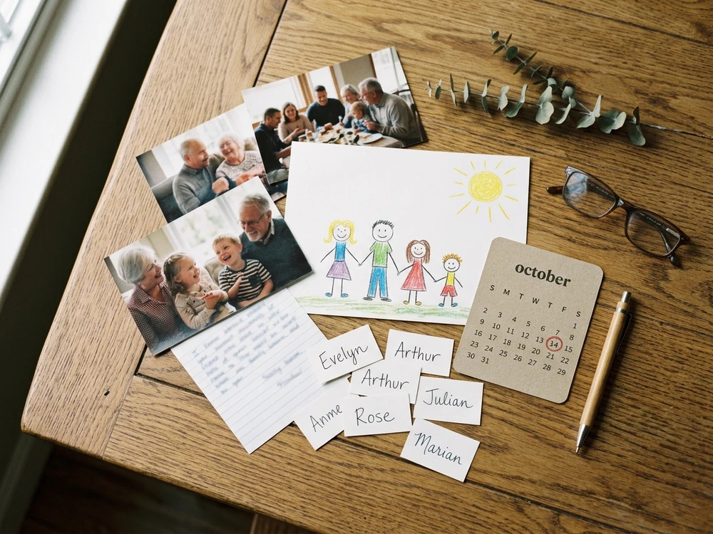 Family photos, a child’s drawing and notes representing grandparent gift personalization ideas
