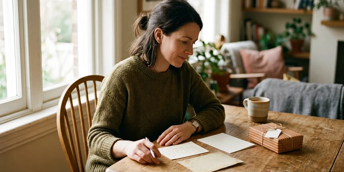 Person thoughtfully considering meaningful details while choosing a family gift