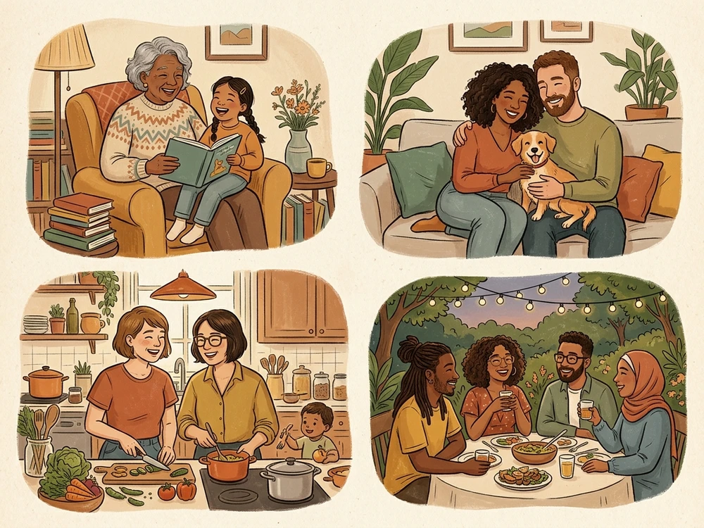 Illustrated everyday scenes showing several different family and chosen-family relationships
