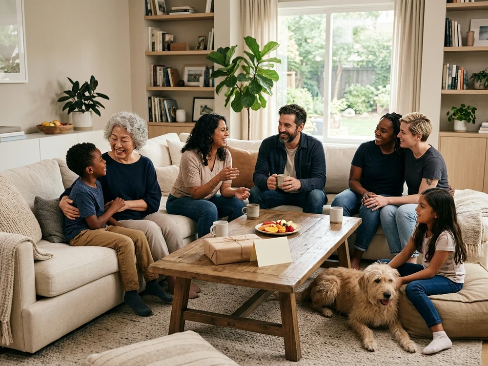 Inclusive family group of different ages sharing a relaxed moment together at home