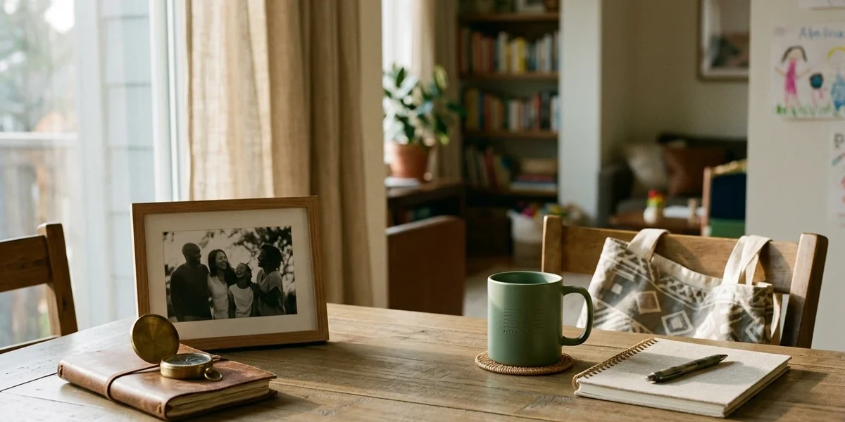 Keepsake and practical family gift ideas arranged together in a warm home setting