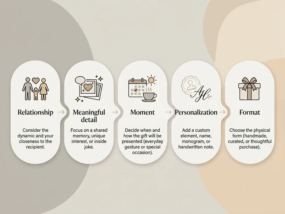 Five-step framework for choosing a meaningful family gift, from relationship to gift format.