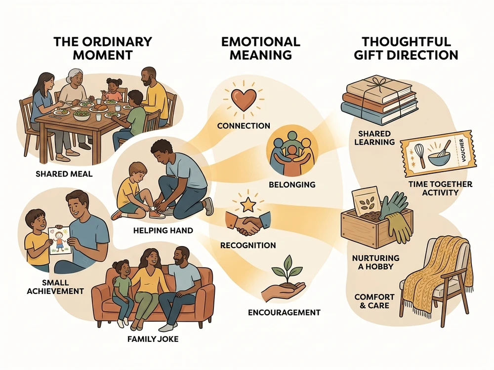 Illustrated framework connecting everyday family moments with meaning and thoughtful gift directions