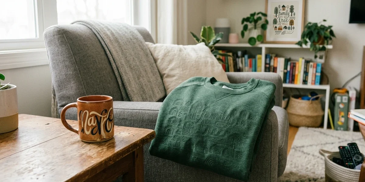 Personalized mug, sweatshirt and family wall art displayed together in a warm home setting
