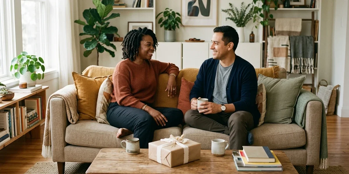 Couple relaxing together in their shared home beside a wrapped personalized gift