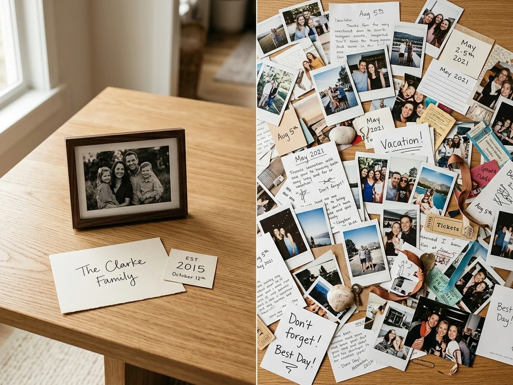Side-by-side arrangements showing a simple personalized idea and a more crowded combination of names, dates and memories