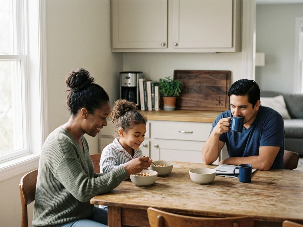 Family sharing an everyday home routine with a personalized gift nearby